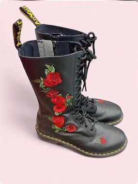 Dr. Martens Black Lace-Up Boots with Red Rose Embroidery
